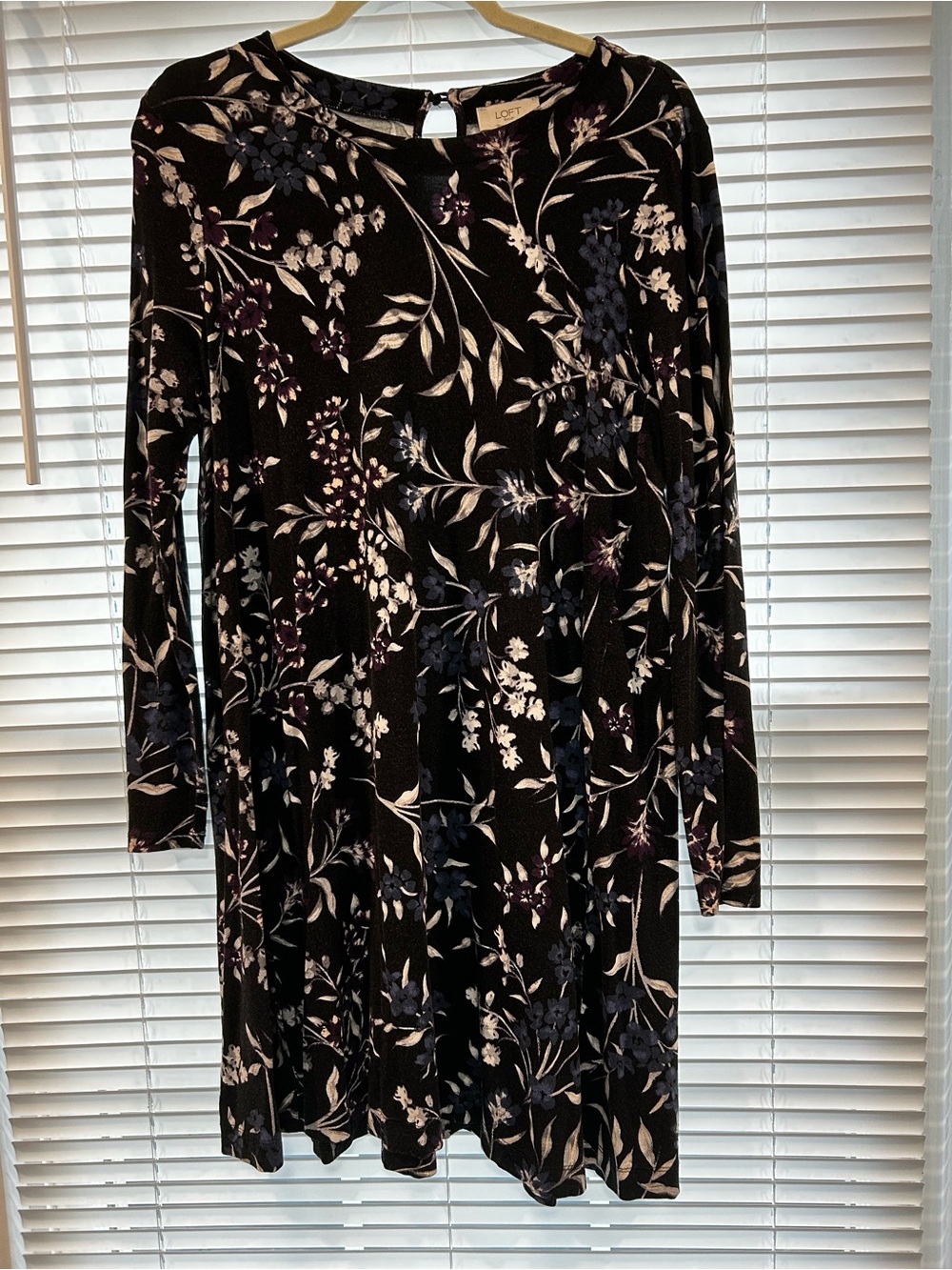 LOFT Black Floral Long-Sleeve Swing Dress